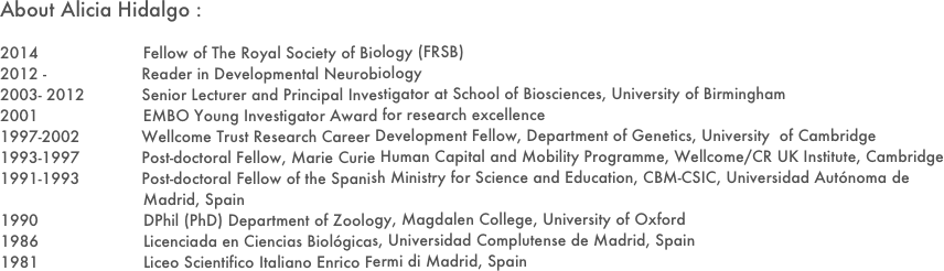 About Alicia Hidalgo :

2014                      Fellow of The Royal Society of Biology (FRSB)
2012 -                    Reader in Developmental Neurobiology
2003- 2012            Senior Lecturer and Principal Investigator at School of Biosciences, University of Birmingham
2001                      EMBO Young Investigator Award for research excellence
1997-2002             Wellcome Trust Research Career Development Fellow, Department of Genetics, University  of Cambridge
1993-1997             Post-doctoral Fellow, Marie Curie Human Capital and Mobility Programme, Wellcome/CR UK Institute, Cambridge
1991-1993             Post-doctoral Fellow of the Spanish Ministry for Science and Education, CBM-CSIC, Universidad Autónoma de                     1111                      Madrid, Spain
1990                      DPhil (PhD) Department of Zoology, Magdalen College, University of Oxford
1986                      Licenciada en Ciencias Biológicas, Universidad Complutense de Madrid, Spain
1981                      Liceo Scientifico Italiano Enrico Fermi di Madrid, Spain
